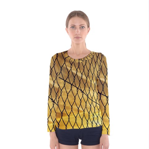 Chain Link Fence Sunset Wire Steel Fence Women s Long Sleeve Tee by artworkshop