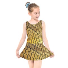 Chain Link Fence Sunset Wire Steel Fence Kids  Skater Dress Swimsuit by artworkshop