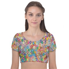 Floral-flower Velvet Short Sleeve Crop Top 