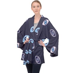 Eyes Evil Eye Blue Pattern Design Long Sleeve Velvet Kimono  by artworkshop