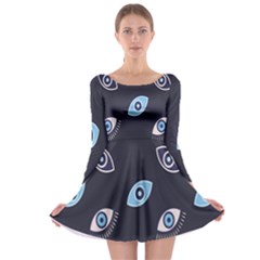 Eyes Evil Eye Blue Pattern Design Long Sleeve Skater Dress by artworkshop