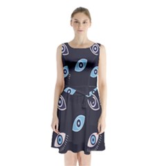 Eyes Evil Eye Blue Pattern Design Sleeveless Waist Tie Chiffon Dress by artworkshop