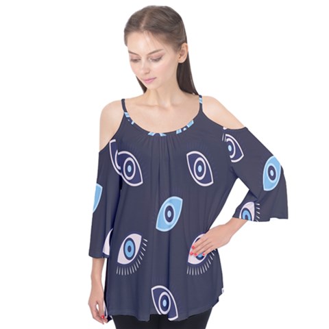 Eyes Evil Eye Blue Pattern Design Flutter Sleeve Tee  by artworkshop