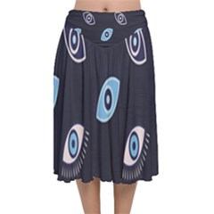 Eyes Evil Eye Blue Pattern Design Velvet Flared Midi Skirt by artworkshop