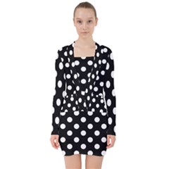 Polka-02 White-black V-neck Bodycon Long Sleeve Dress by nate14shop