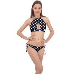 Polka-02 White-black Cross Front Halter Bikini Set by nate14shop