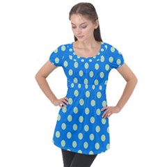 Polka-dots-blue Puff Sleeve Tunic Top