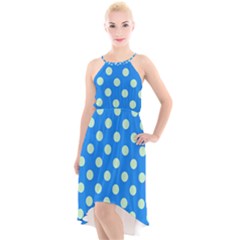 Polka-dots-blue High-Low Halter Chiffon Dress 