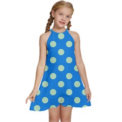 Polka-dots-blue Kids  Halter Collar Waist Tie Chiffon Dress