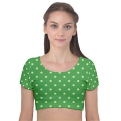 Polka-dots-green Velvet Short Sleeve Crop Top  by nate14shop