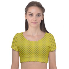 Polka-dots-light Yellow Velvet Short Sleeve Crop Top  by nate14shop