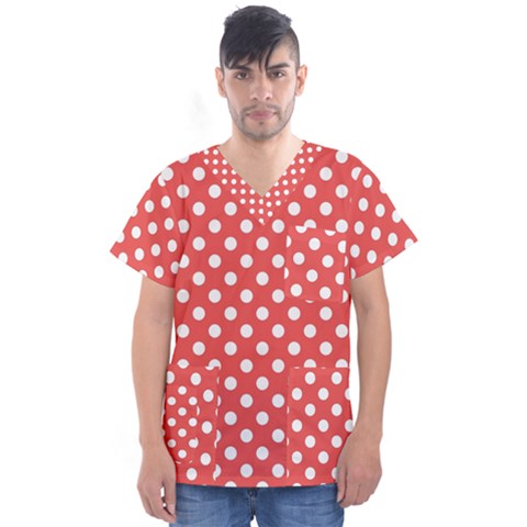 Polka-dots-red Men s V-neck Scrub Top by nate14shop