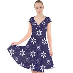 White Blue Floral Pattern Cap Sleeve Front Wrap Midi Dress by designsbymallika