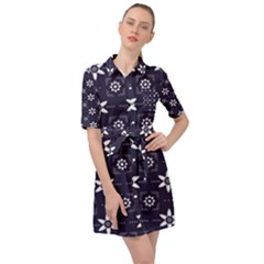 White Blue Floral Pattern Belted Shirt Dress by designsbymallika