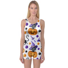 Halloween Cat Pattern One Piece Boyleg Swimsuit by designsbymallika