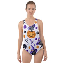 Halloween Cat Pattern Cut-out Back One Piece Swimsuit by designsbymallika