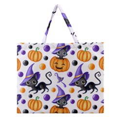 Halloween Cat Pattern Zipper Large Tote Bag by designsbymallika