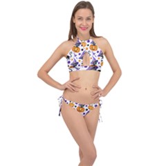 Halloween Cat Pattern Cross Front Halter Bikini Set by designsbymallika