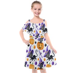 Halloween Cat Pattern Kids  Cut Out Shoulders Chiffon Dress by designsbymallika