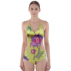 Blue Purple Floral Pattern Cut-out One Piece Swimsuit by designsbymallika