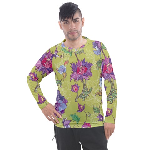 Blue Purple Floral Pattern Men s Pique Long Sleeve Tee by designsbymallika