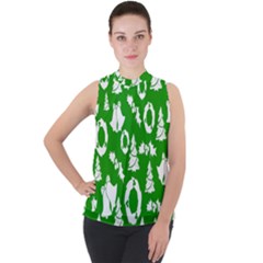 Backdrop-green-white Mock Neck Chiffon Sleeveless Top