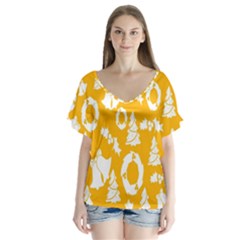 Backdrop-yellow-white V-Neck Flutter Sleeve Top