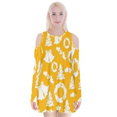 Backdrop-yellow-white Velvet Long Sleeve Shoulder Cutout Dress