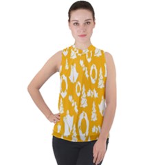 Backdrop-yellow-white Mock Neck Chiffon Sleeveless Top