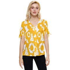 Backdrop-yellow-white Bow Sleeve Button Up Top