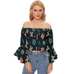 Christmas-birthday Gifts Off Shoulder Flutter Bell Sleeve Top by nate14shop