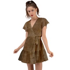 Background-wood Pattern Dark Flutter Sleeve Wrap Dress by nate14shop