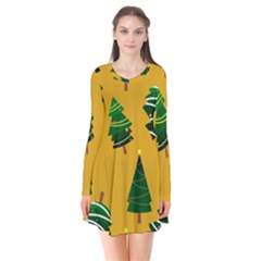 Christmas Tree,yellow Long Sleeve V-neck Flare Dress by nate14shop