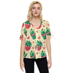 Cactus Love 5 Bow Sleeve Button Up Top