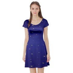 Gold-blue Short Sleeve Skater Dress