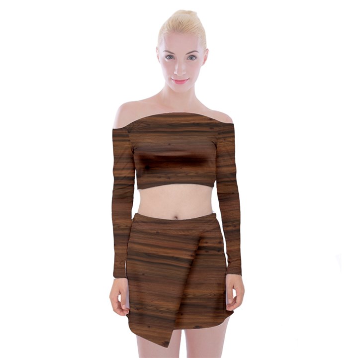 Texture-dark Wood Off Shoulder Top with Mini Skirt Set