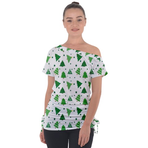 Christmas-trees Off Shoulder Tie-up Tee by nateshop