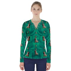 Happy Small Dogs In Calm In The Big Blooming Forest V-neck Long Sleeve Top by pepitasart