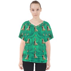 Happy Small Dogs In Calm In The Big Blooming Forest V-neck Dolman Drape Top