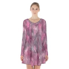 Abstract-pink Long Sleeve Velvet V-neck Dress