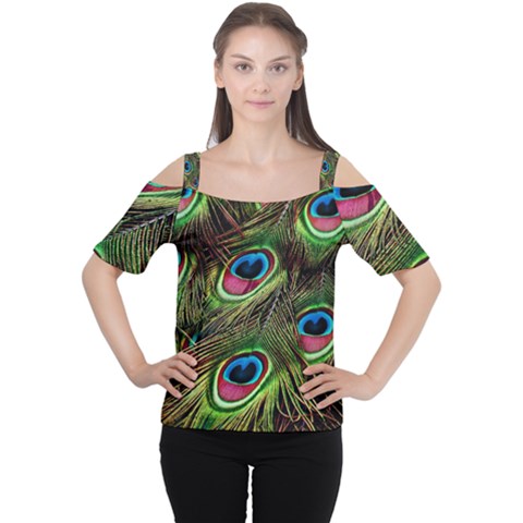 Peacock-feathers-color-plumage Cutout Shoulder Tee by Celenk