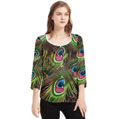 Peacock-feathers-color-plumage Chiffon Quarter Sleeve Blouse by Celenk