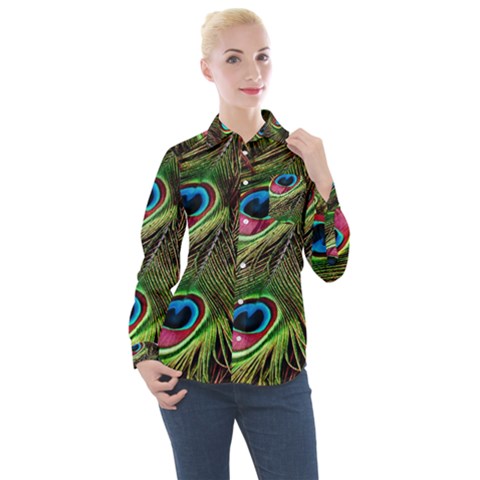 Peacock-feathers-color-plumage Women s Long Sleeve Pocket Shirt by Celenk