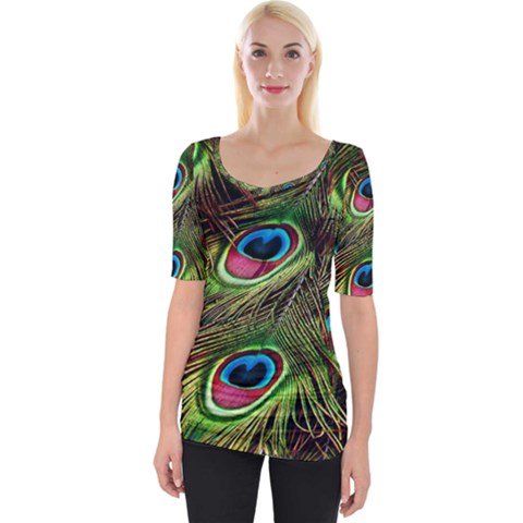 Peacock-feathers-color-plumage Wide Neckline Tee by Celenk