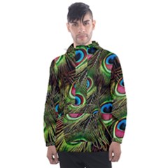 Peacock-feathers-color-plumage Men s Front Pocket Pullover Windbreaker by Celenk