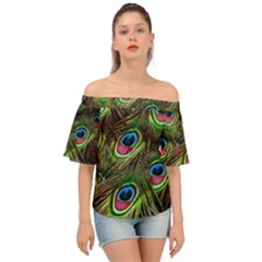 Peacock-feathers-color-plumage Off Shoulder Short Sleeve Top by Celenk