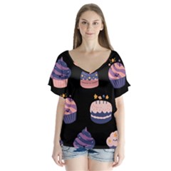 Birthday-cake V-neck Flutter Sleeve Top by nateshop