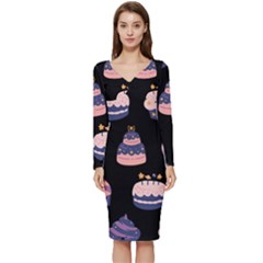 Birthday-cake Long Sleeve V-neck Bodycon Dress  by nateshop