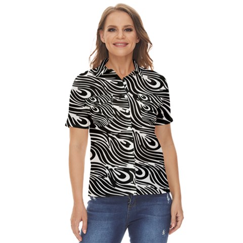 Animal-peacock,white Black Women s Short Sleeve Double Pocket Shirt by nateshop