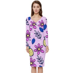 Flowers Purple Long Sleeve V-neck Bodycon Dress  by nateshop